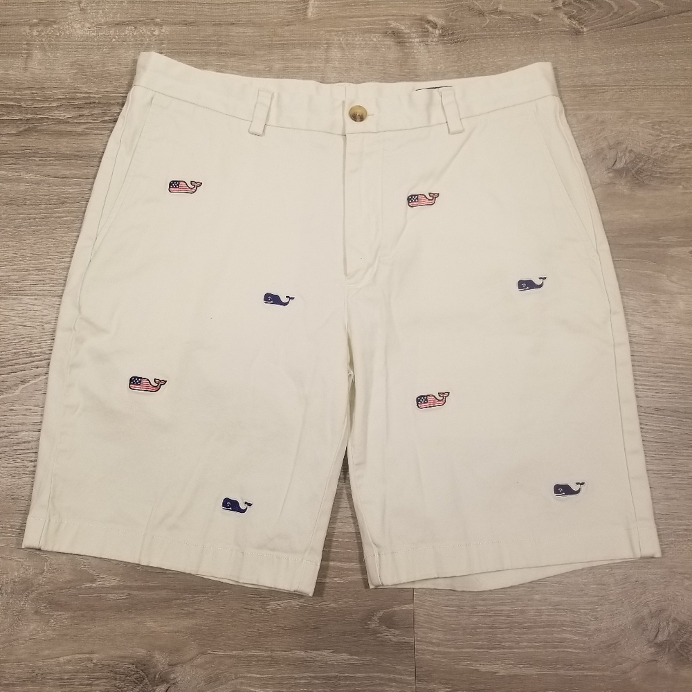 Men's Vineyard Vines Breaker Shorts USA American Flag Embroidered Whales Size 33